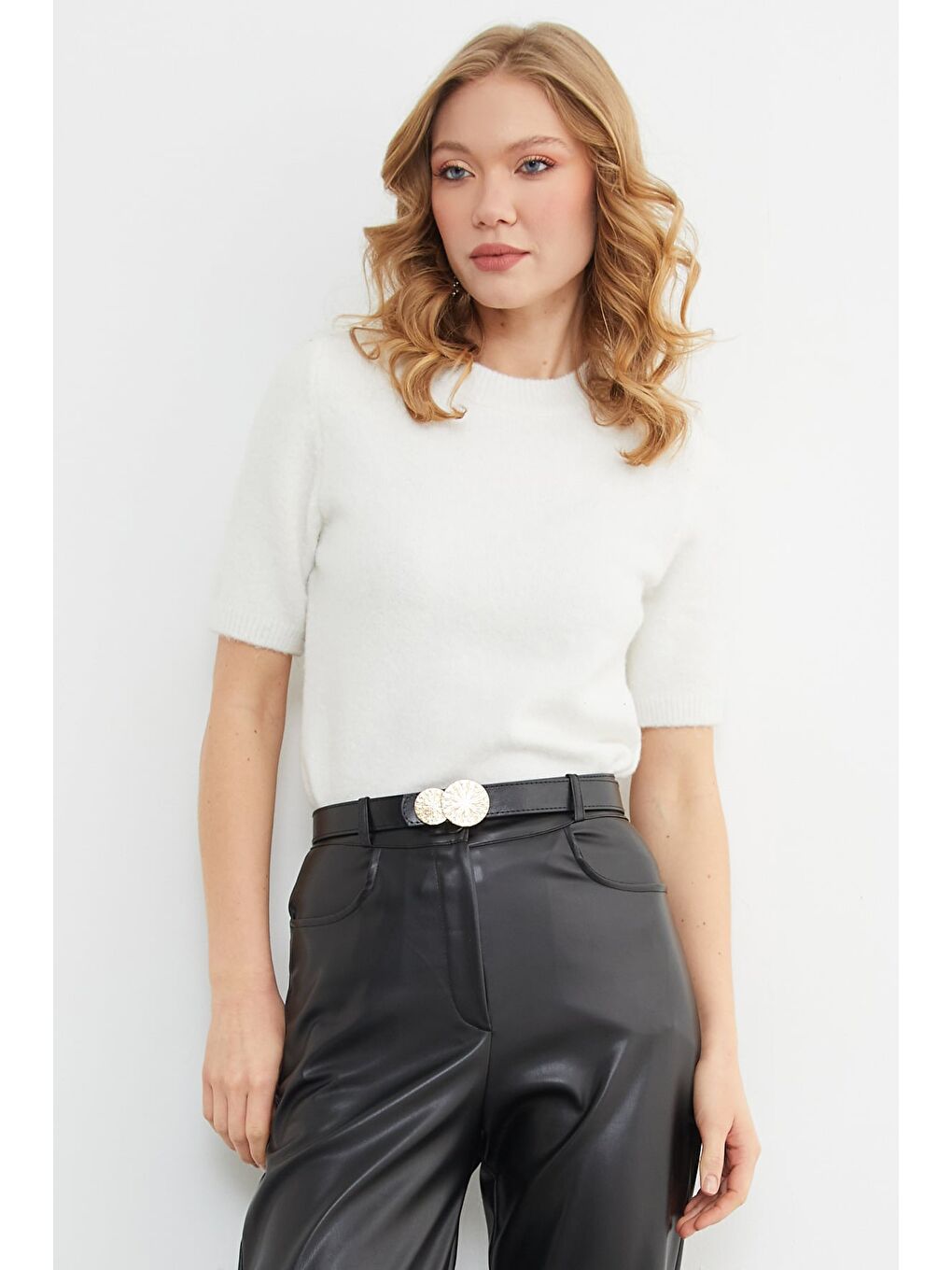 Ekru Basic Bisiklet Yaka Kısa Kol Triko Kazak-1