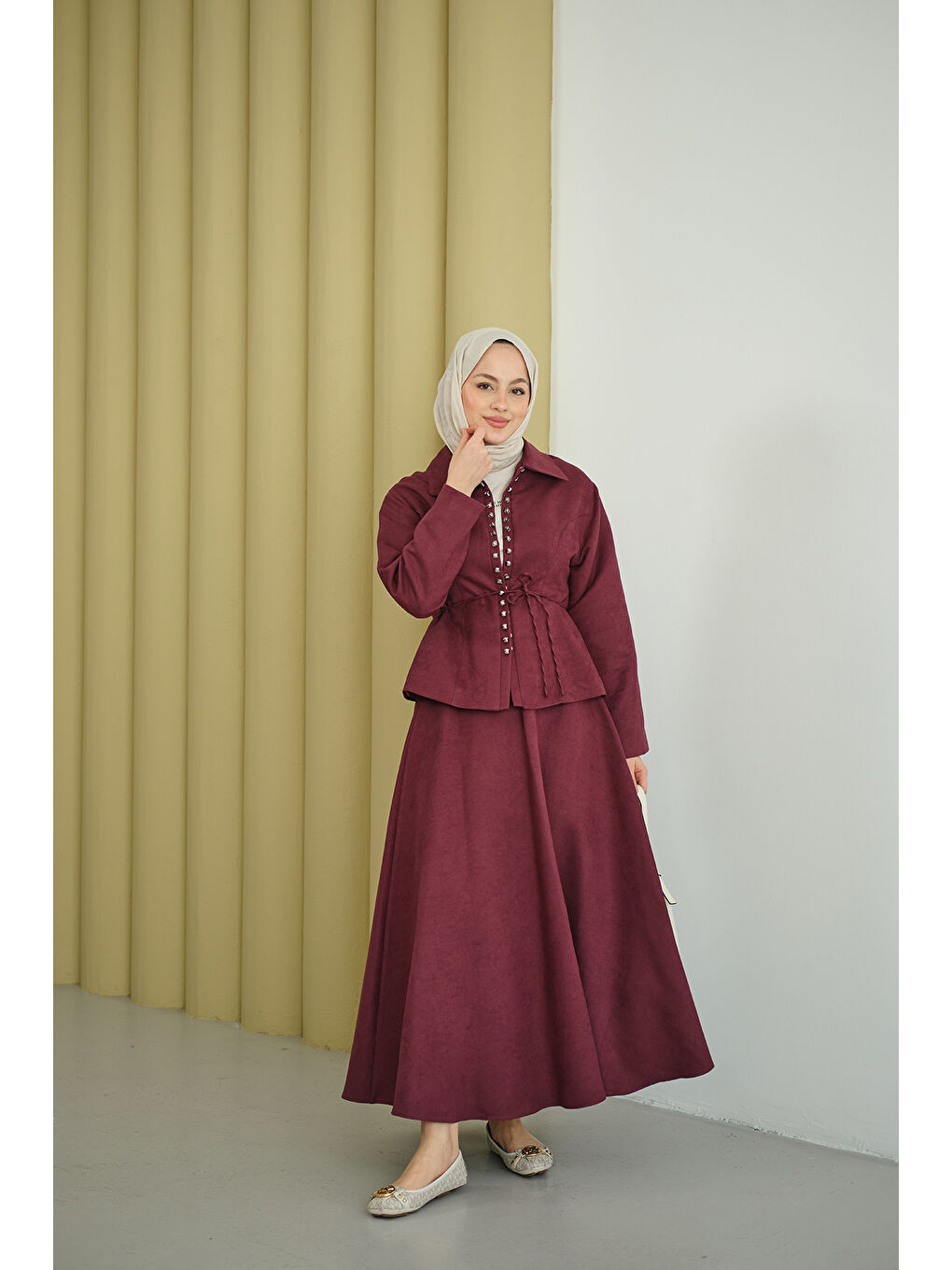 Kadın Bluz Kancalı Nubuk Takım Bordo-3