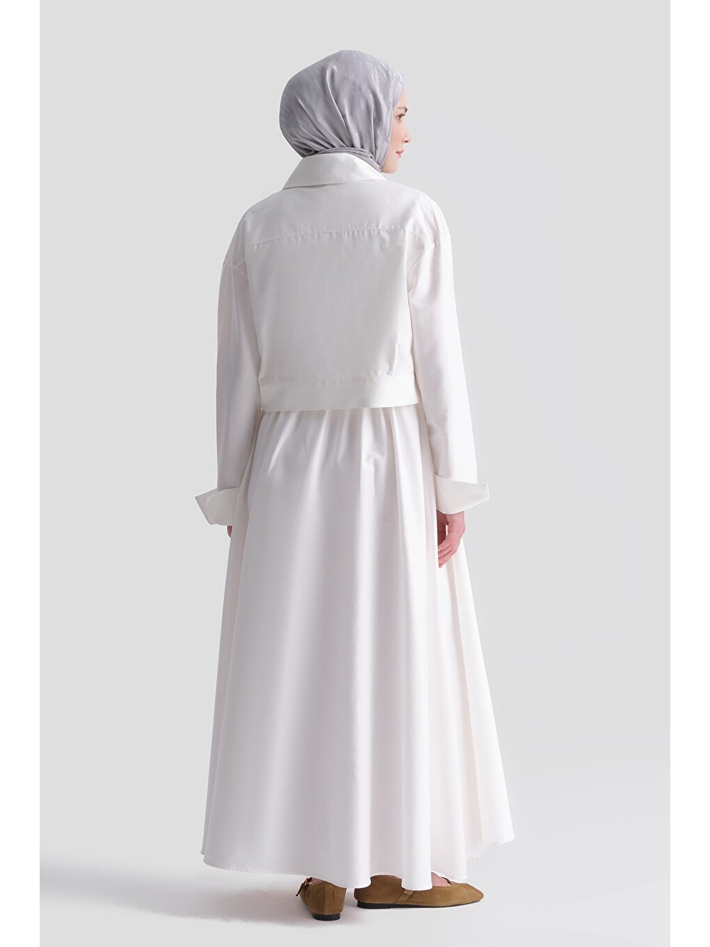 Ceketli Poplin Elbise Takım Ekru-7