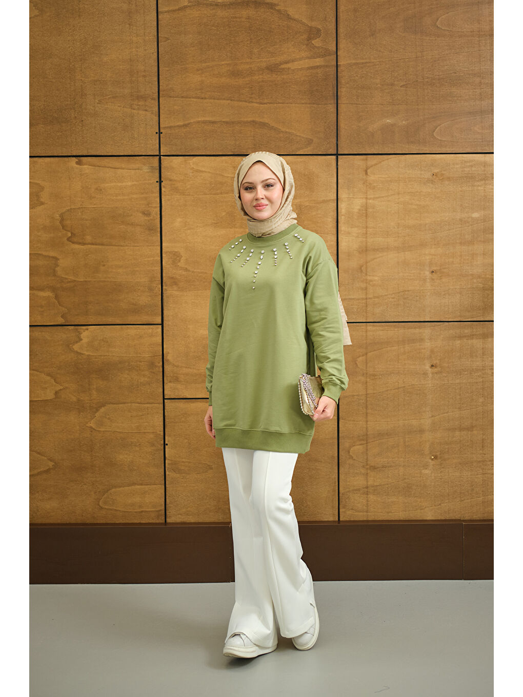 Kadın Yaka Taş Detay Tunik Yeşil-2
