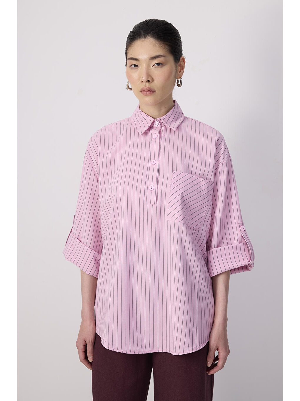 Pembe Çizgili Cep Detaylı Tunik-1