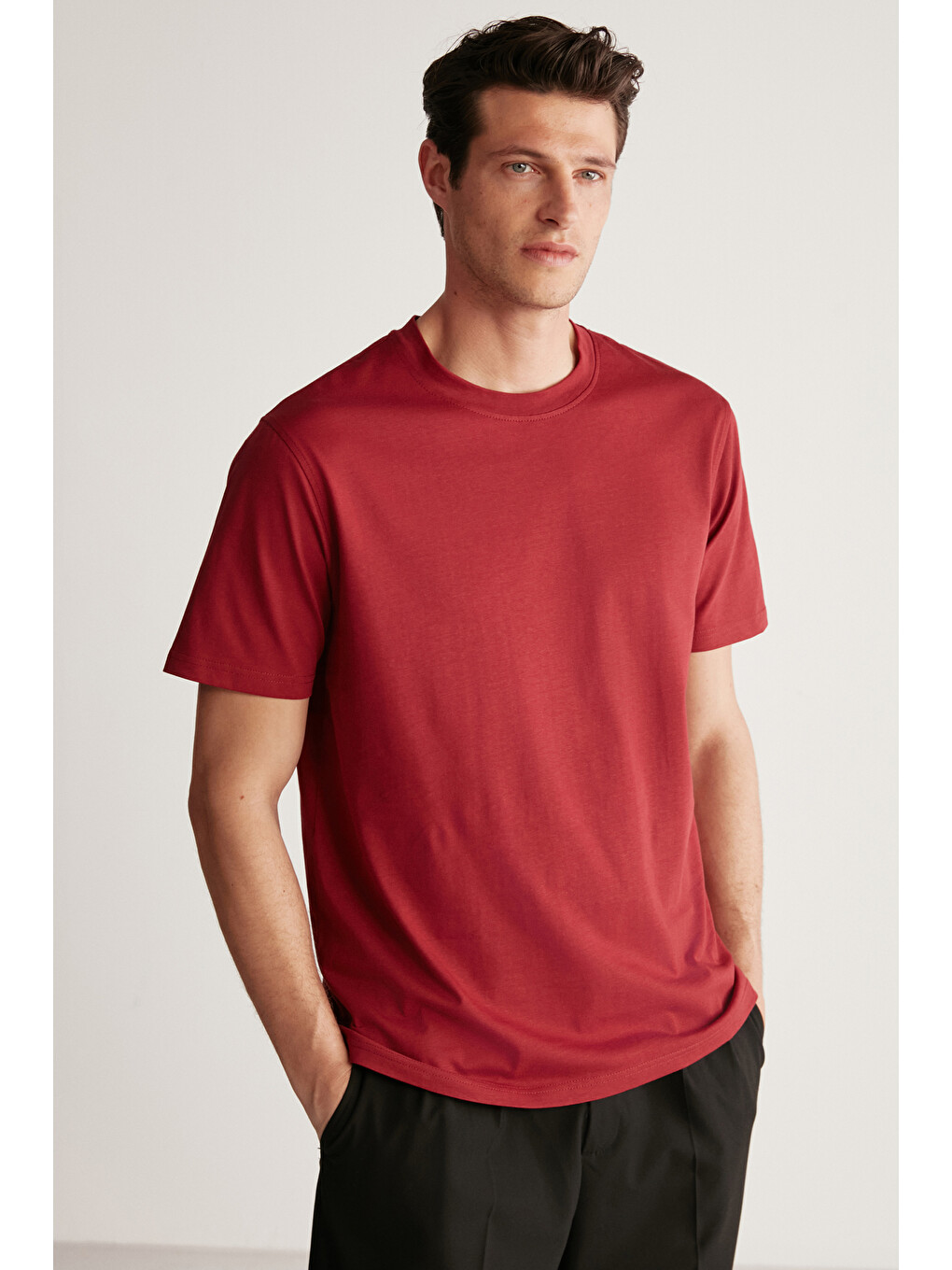 Rudy Erkek %100 Organik Pamuk Nefes Alan İç Göstermeyen Bisiklet Yaka Basic Bordo T-shirt-1
