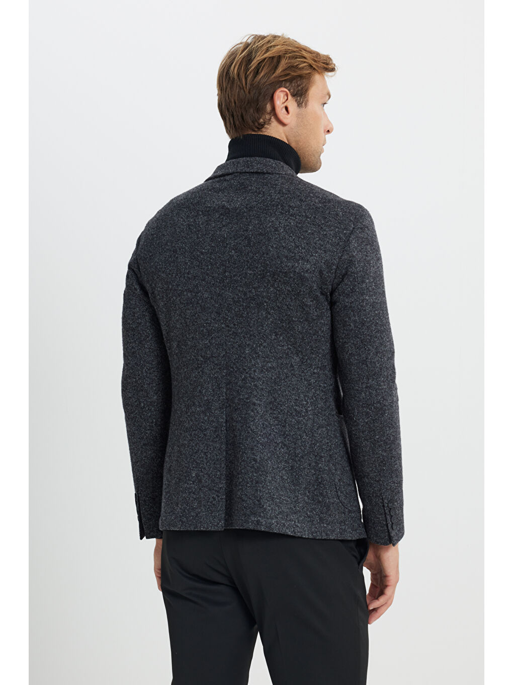 Erkek Siyah Slim Fit Dar Kesim Mono Yaka Yünlü Desenli Torba Cepli Ceket-4