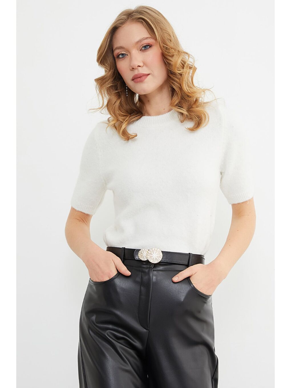 Ekru Basic Bisiklet Yaka Kısa Kol Triko Kazak-3