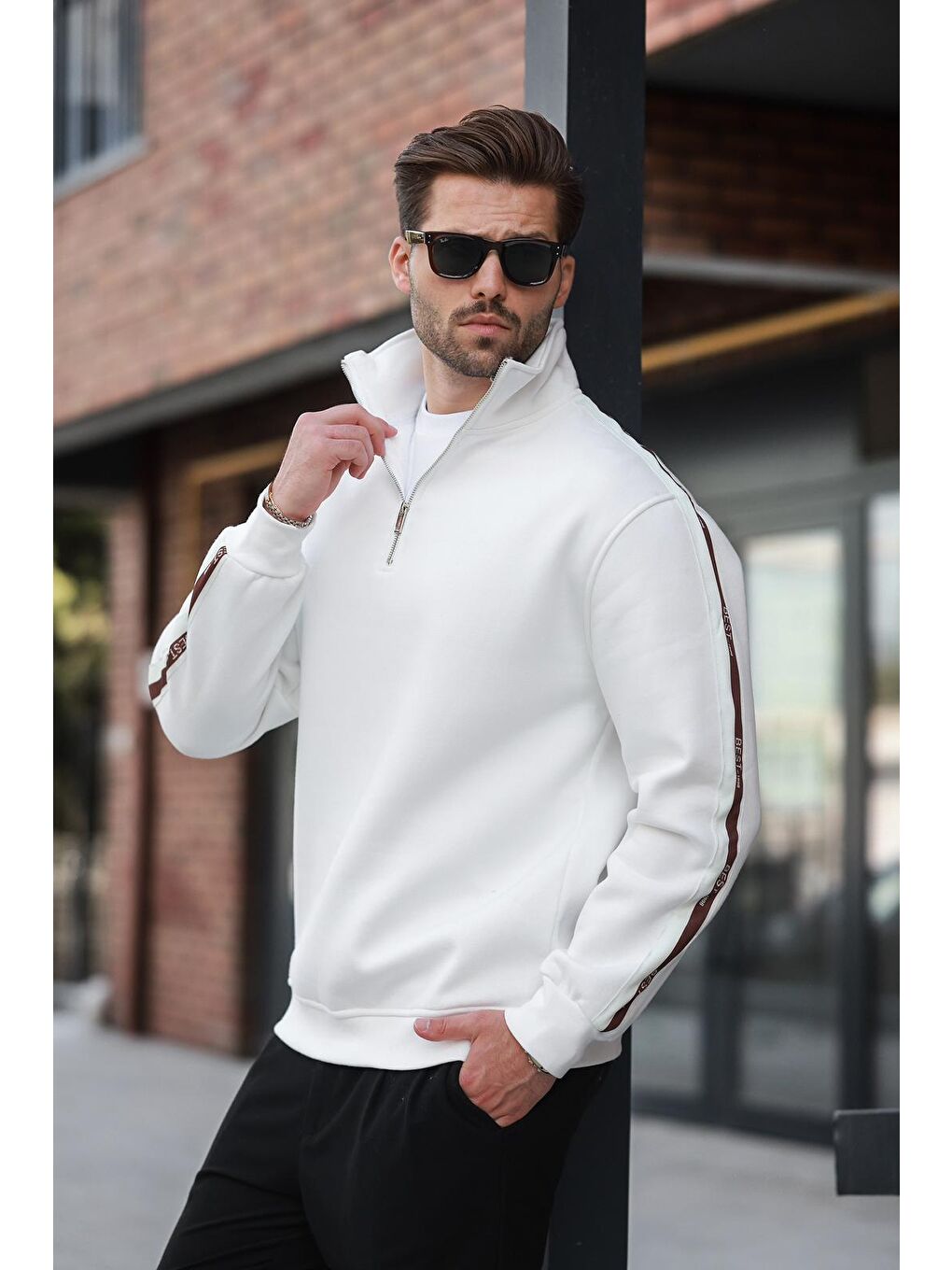 Ekru Fermuarlı Dik Yaka Erkek Sweatshirt E7164-1