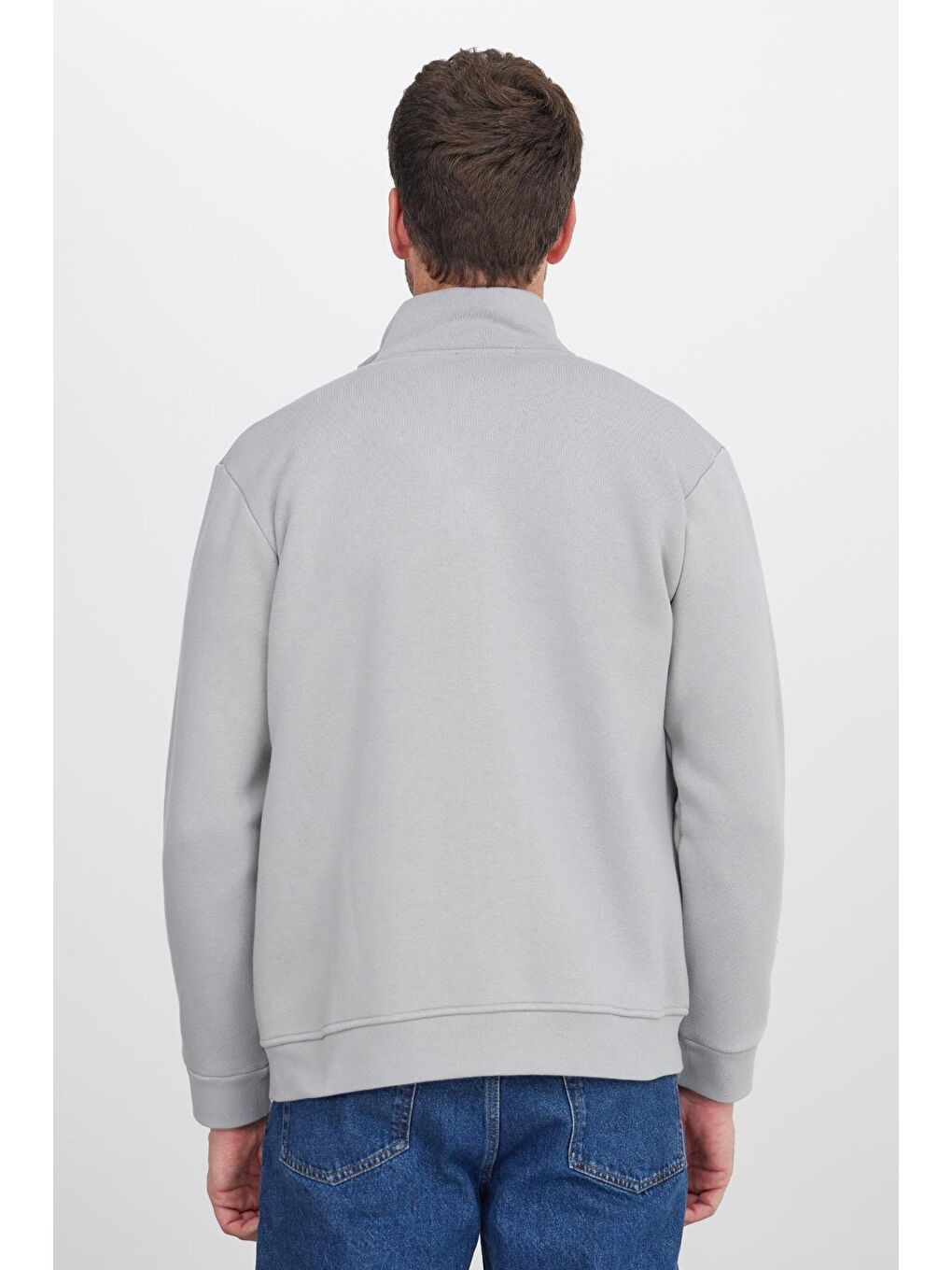 Unisex Relax Fit Rahat Kesim Pamuklu İçi Polarlı Fermuarlı Gri Dik Yaka Flato Cepli Sweatshirt Hırka-6