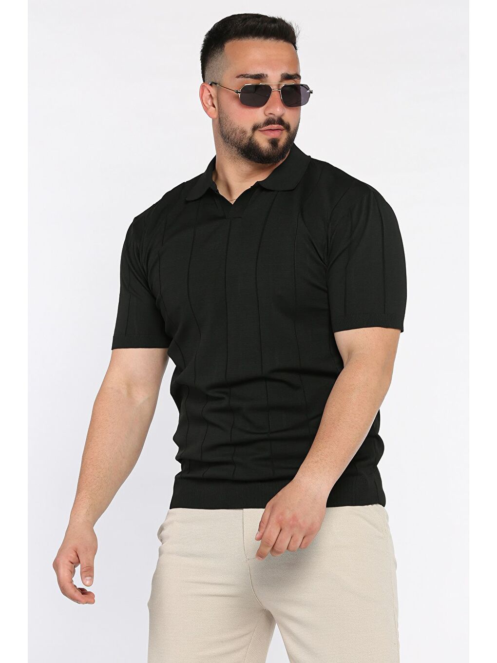 Siyah Erkek Polo Yaka Kendinden Çizgi Desenli Tişört-1