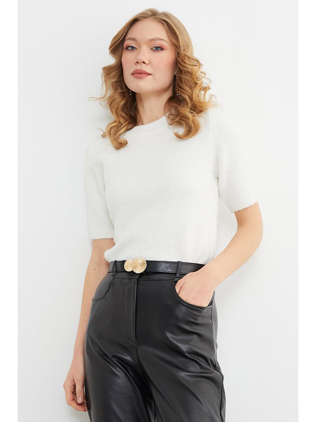 Ekru Basic Bisiklet Yaka Kısa Kol Triko Kazak-4