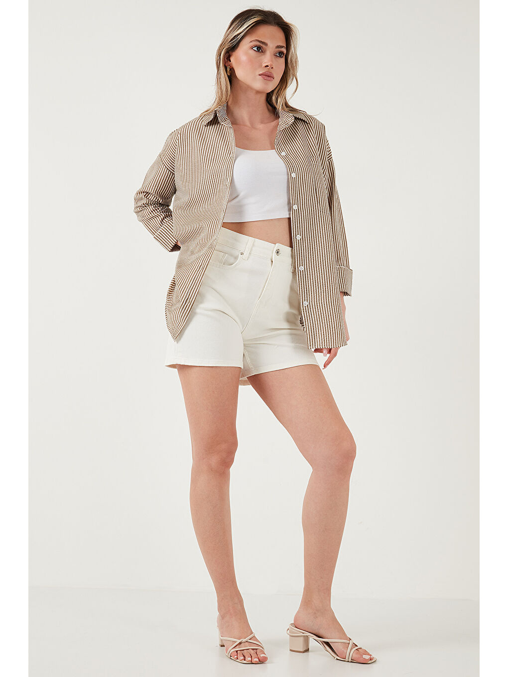 Kahverengi Regular Fit Uzun Kollu Cepli Çizgili Kadın Gömlek 6772895-2