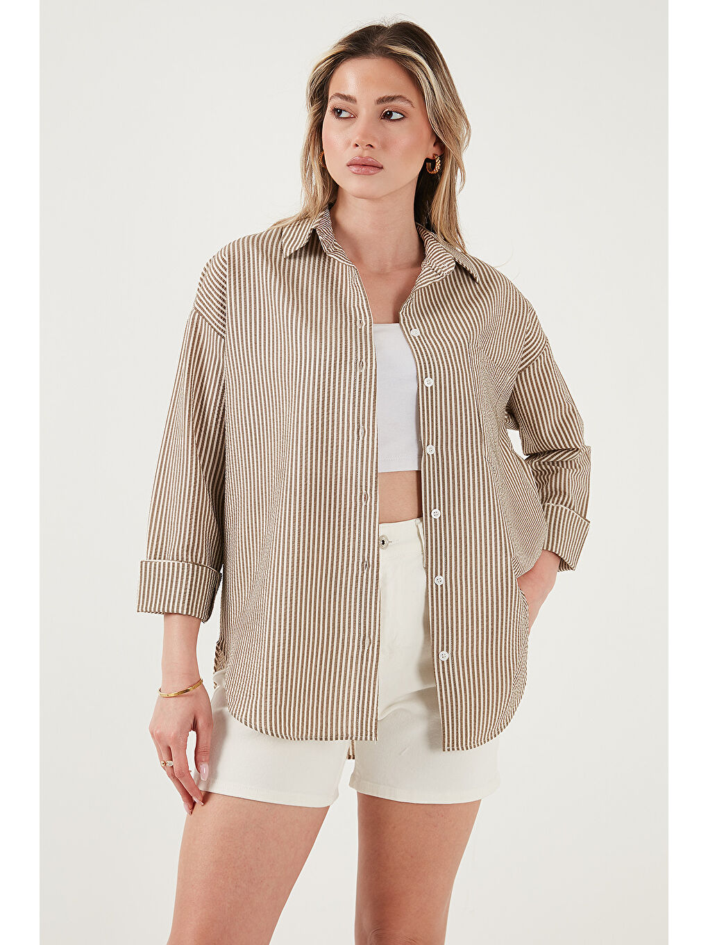 Kahverengi Regular Fit Uzun Kollu Cepli Çizgili Kadın Gömlek 6772895-3