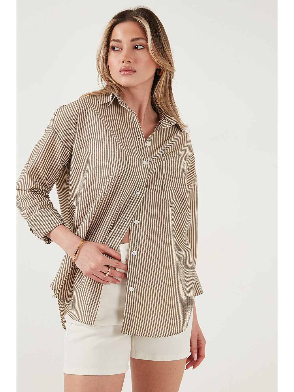 Kahverengi Regular Fit Uzun Kollu Cepli Çizgili Kadın Gömlek 6772895-4