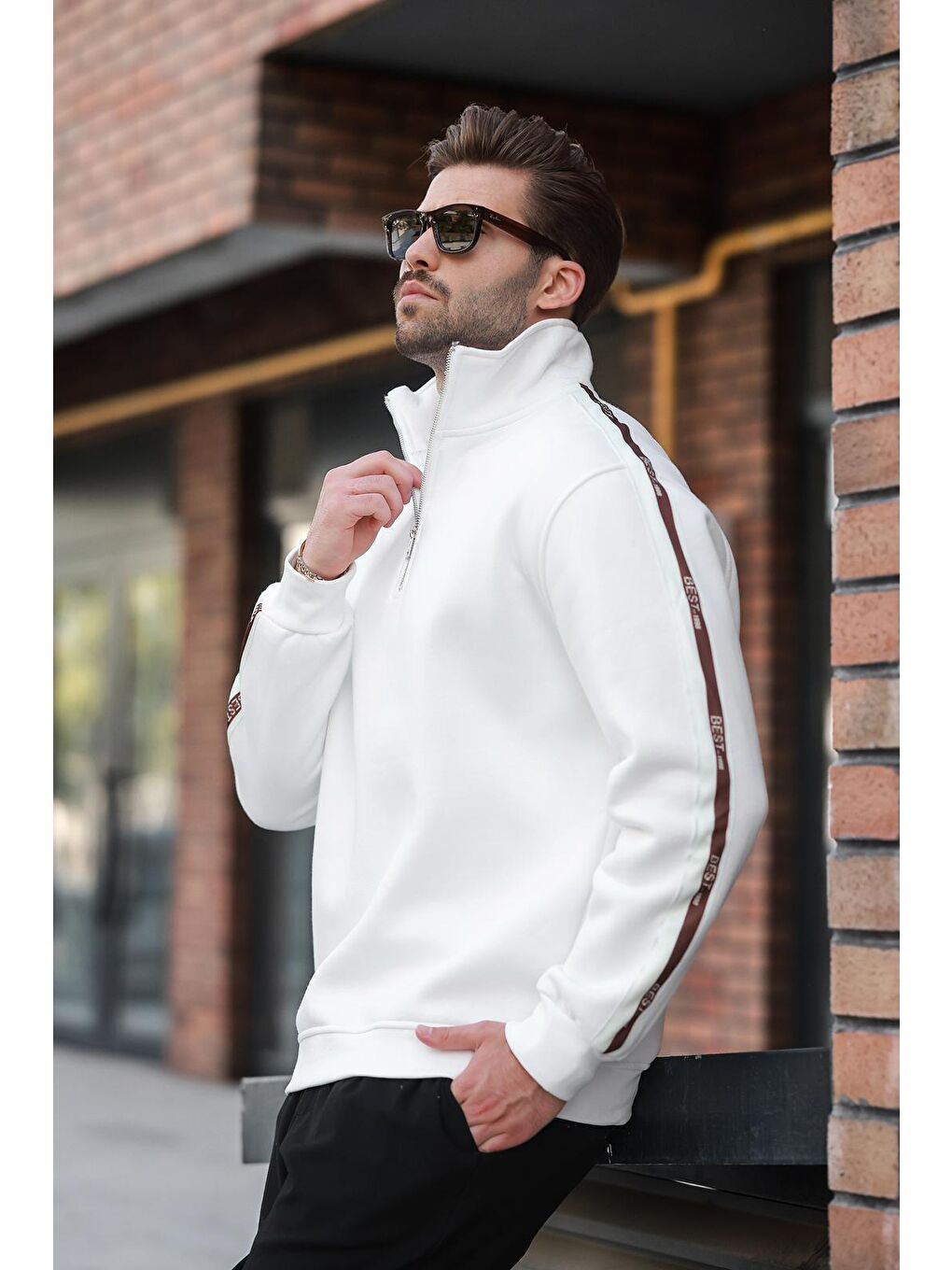 Ekru Fermuarlı Dik Yaka Erkek Sweatshirt E7164-2