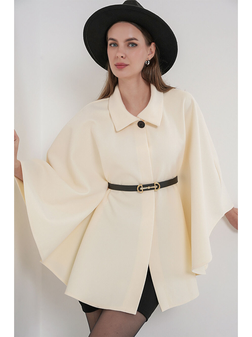 Kadın Kemerli Kaşe Panço 9170 - Ekru