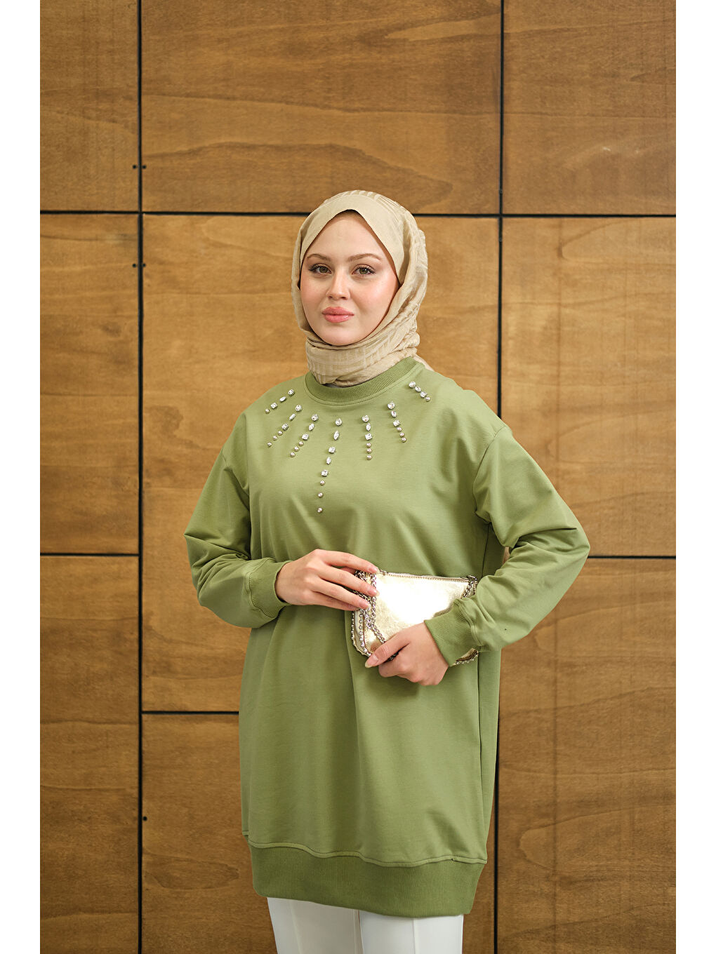 Kadın Yaka Taş Detay Tunik Yeşil-3
