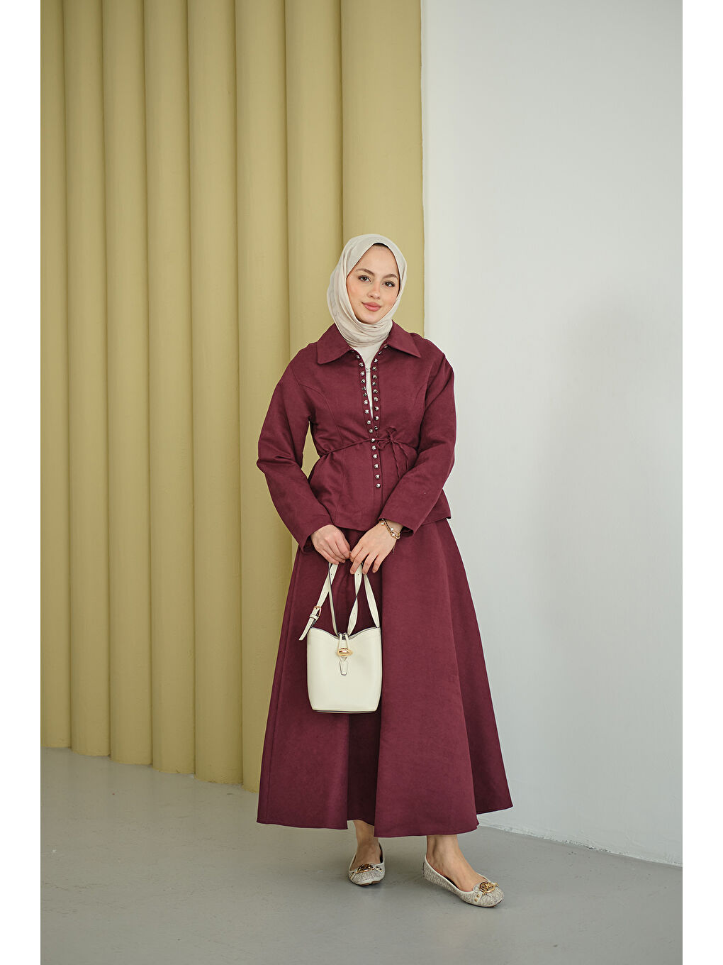 Kadın Bluz Kancalı Nubuk Takım Bordo-4