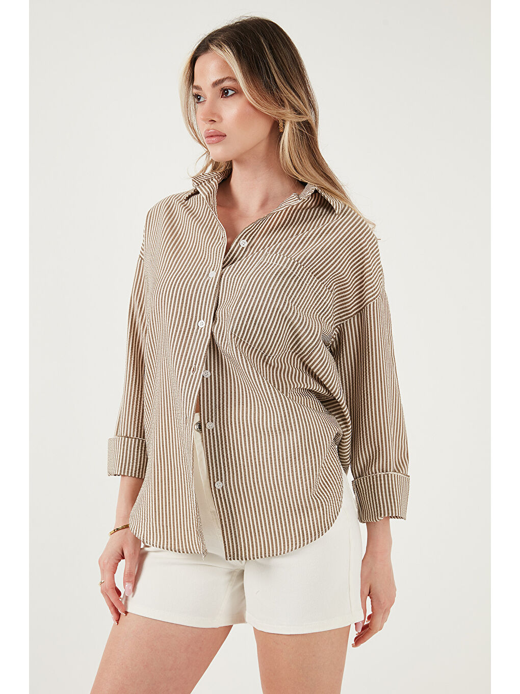 Kahverengi Regular Fit Uzun Kollu Cepli Çizgili Kadın Gömlek 6772895-5