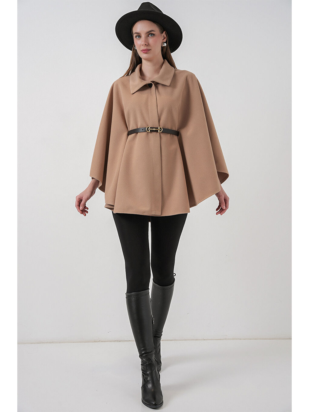 Sarı Kadın Kemerli Kaşe Panço 9170 - Camel-1