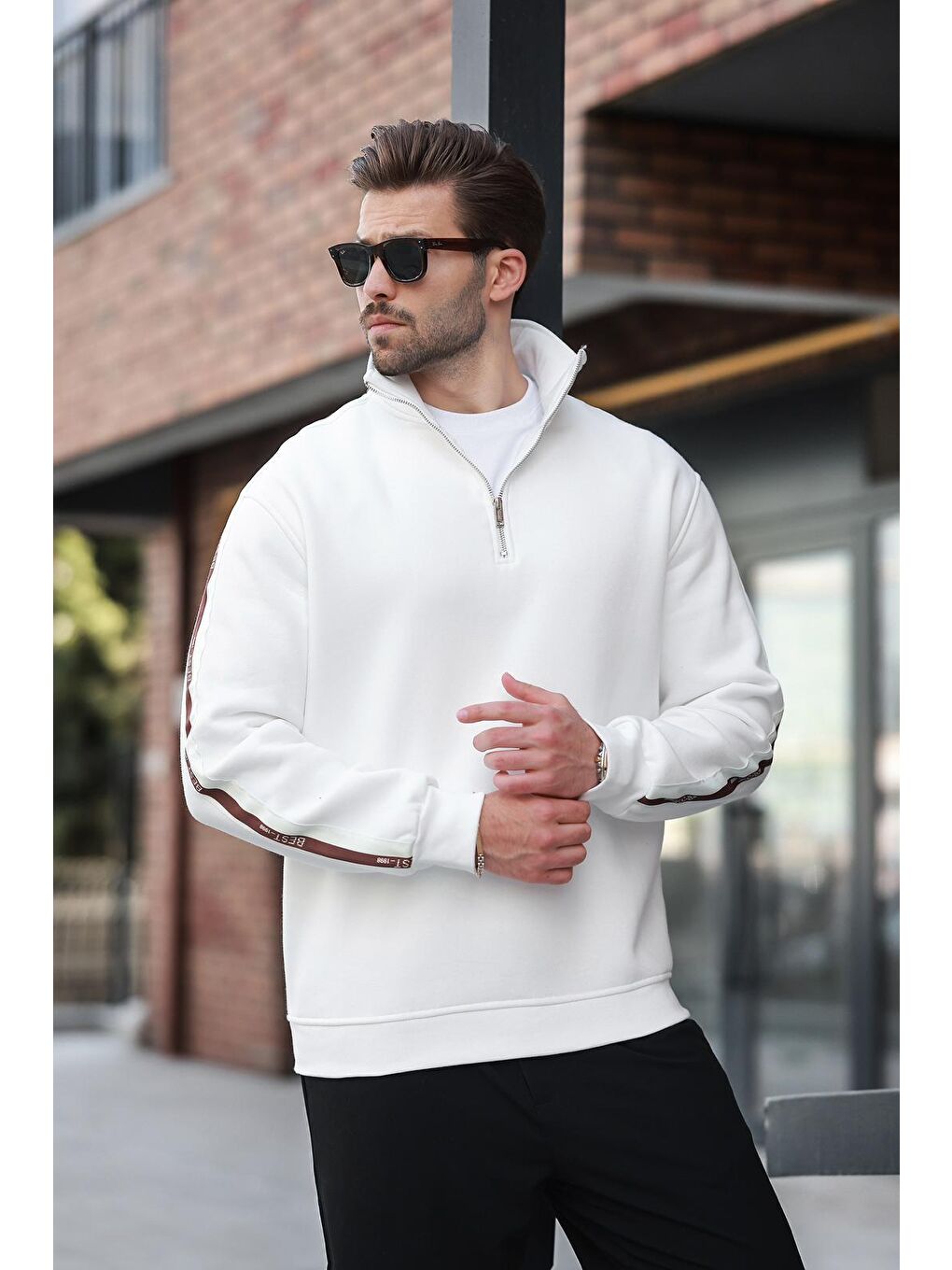 Ekru Fermuarlı Dik Yaka Erkek Sweatshirt E7164-3
