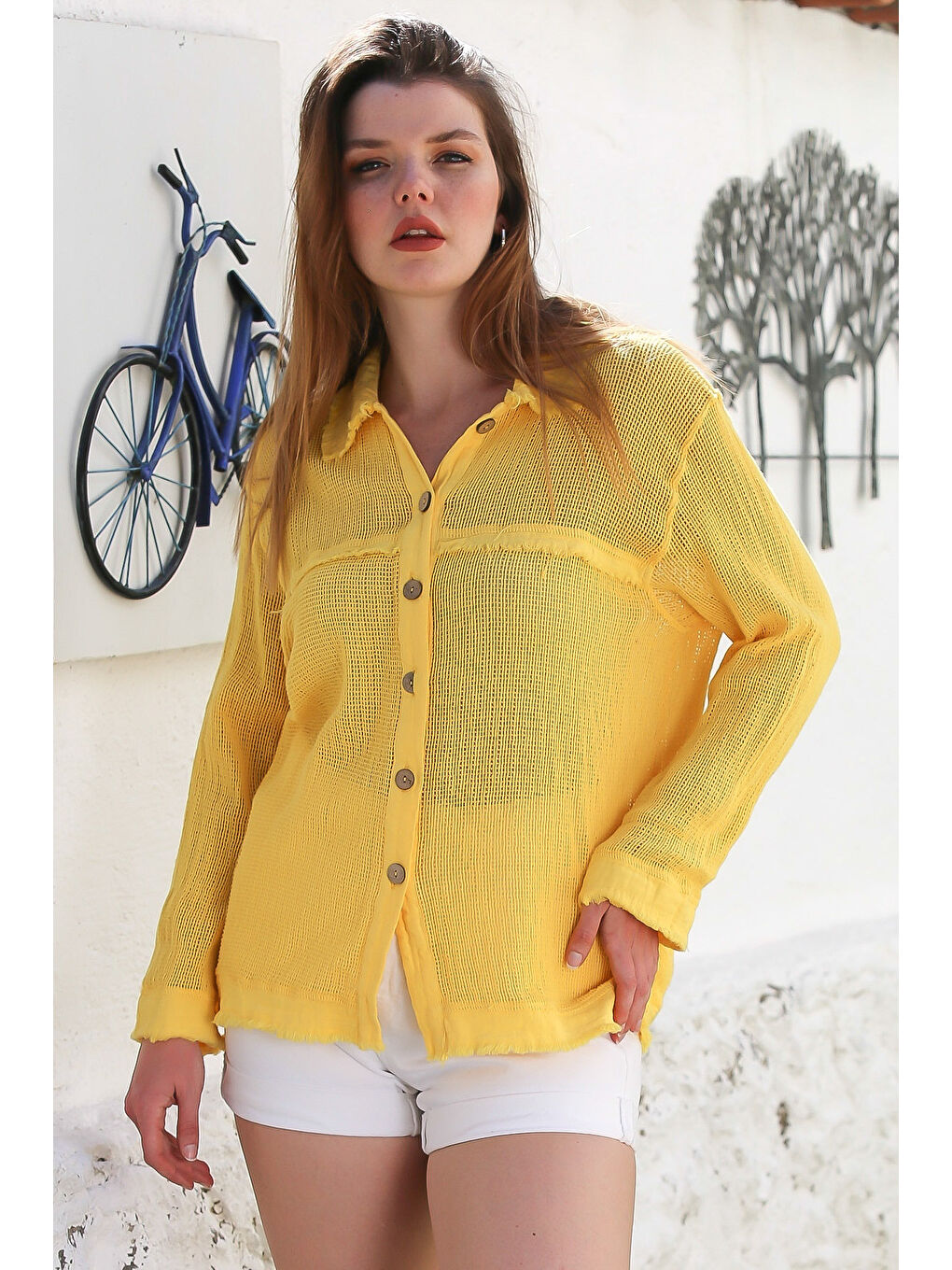 Sarı Gömlek Yaka Uzun Kol Düğmeli Yıkamalı Pis Dikişli Casual Dokuma Gömlek 69 62-1