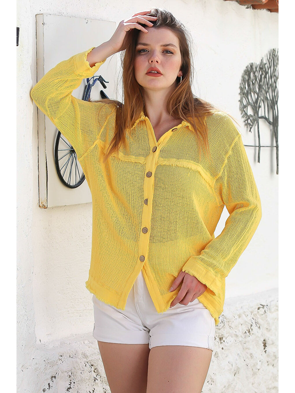 Sarı Gömlek Yaka Uzun Kol Düğmeli Yıkamalı Pis Dikişli Casual Dokuma Gömlek 69 62-2