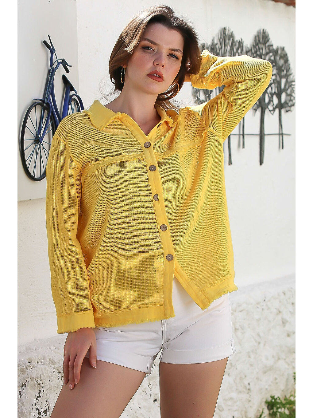 Sarı Gömlek Yaka Uzun Kol Düğmeli Yıkamalı Pis Dikişli Casual Dokuma Gömlek 69 62-3