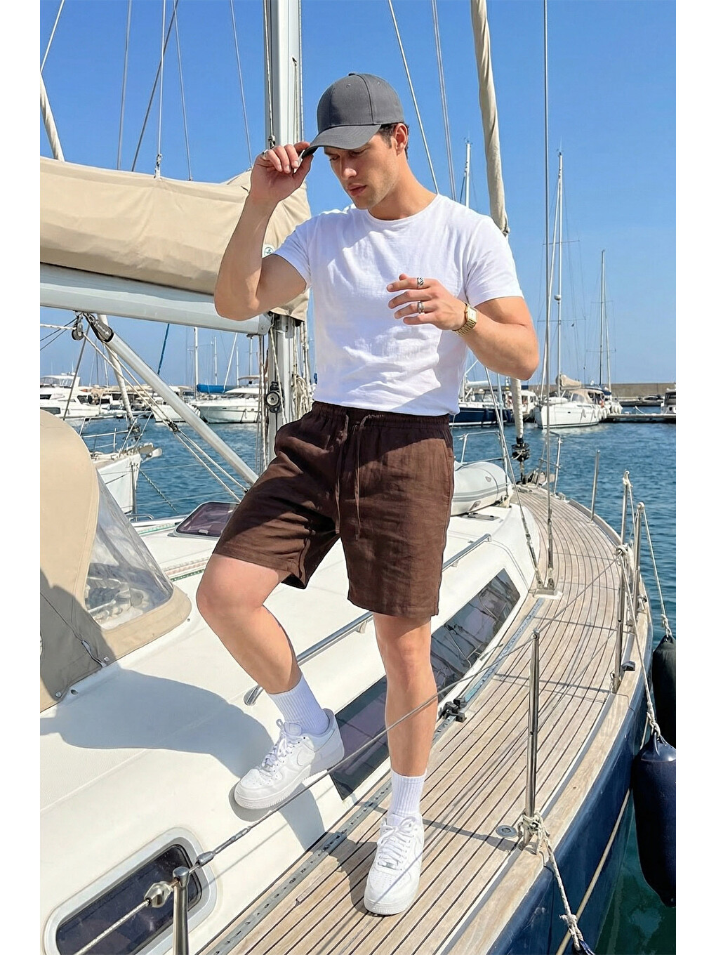 Kahverengi Dulas Keten Erkek Şort Rahat Kalıp Basic-5