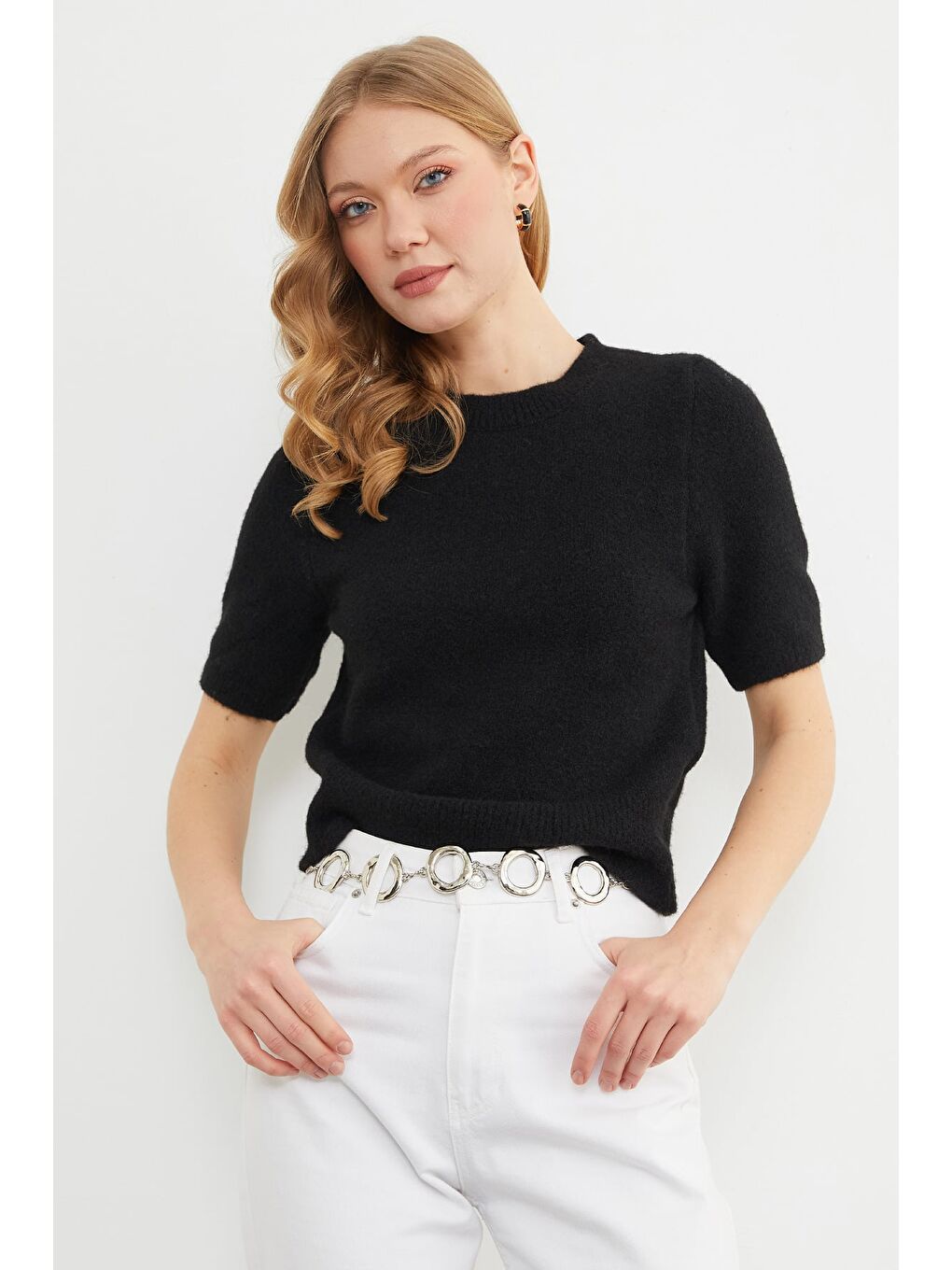 Siyah Basic Bisiklet Yaka Kısa Kol Triko Kazak