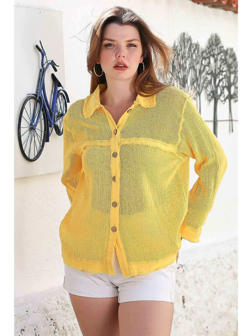 Sarı Gömlek Yaka Uzun Kol Düğmeli Yıkamalı Pis Dikişli Casual Dokuma Gömlek 69 62-4