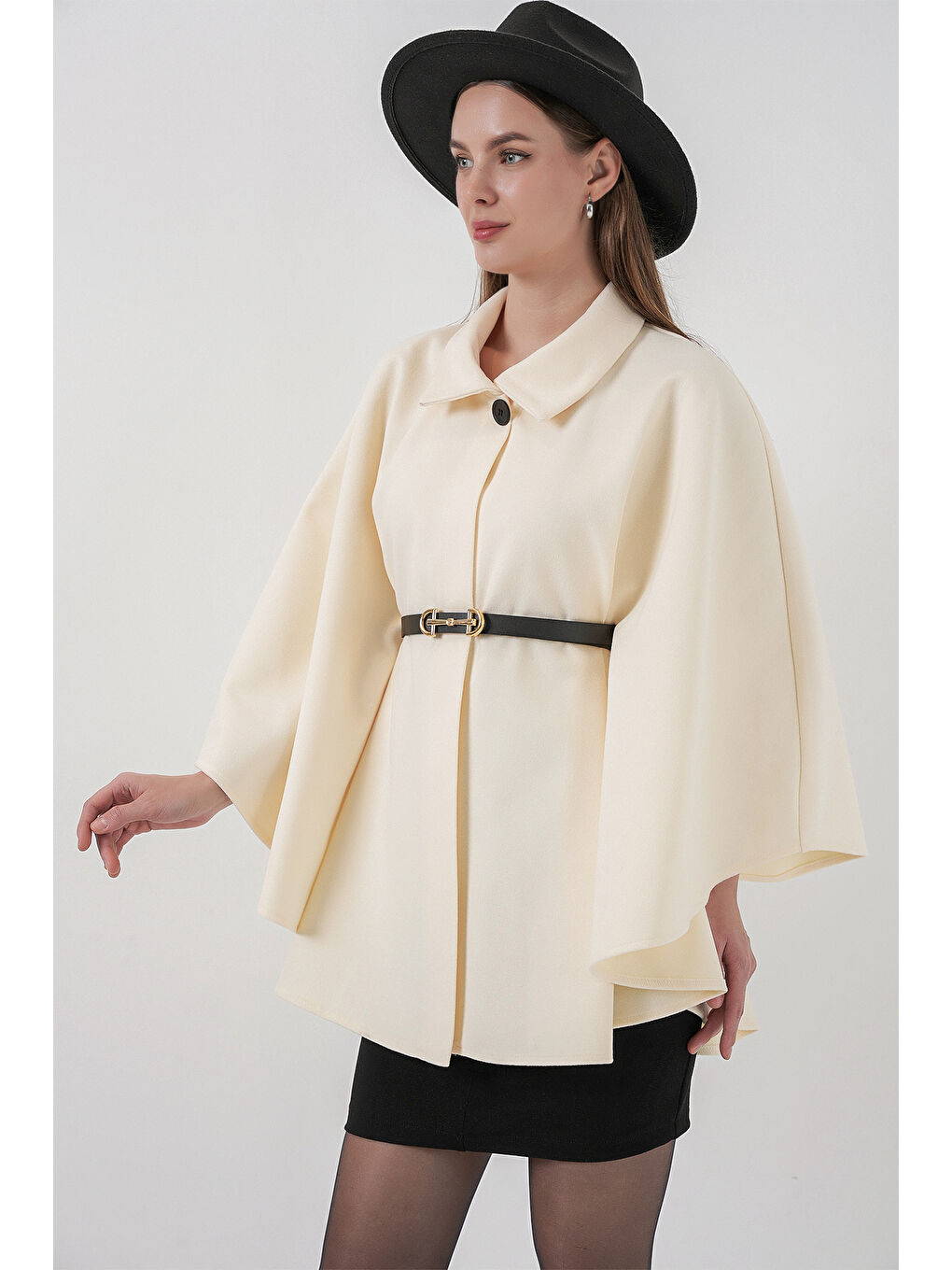 Kadın Kemerli Kaşe Panço 9170 - Ekru-1