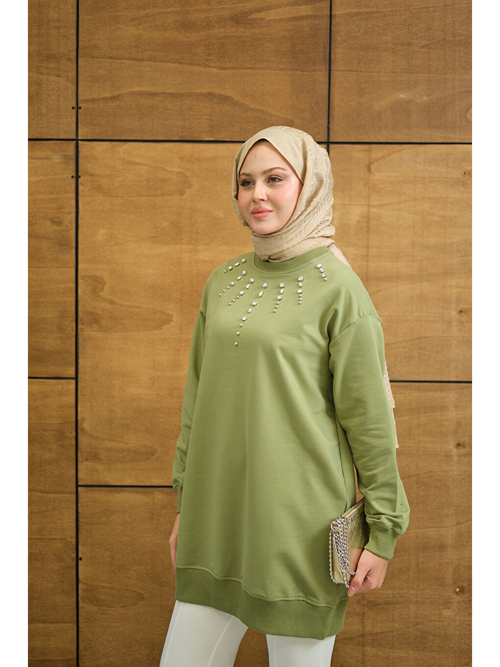 Kadın Yaka Taş Detay Tunik Yeşil-4
