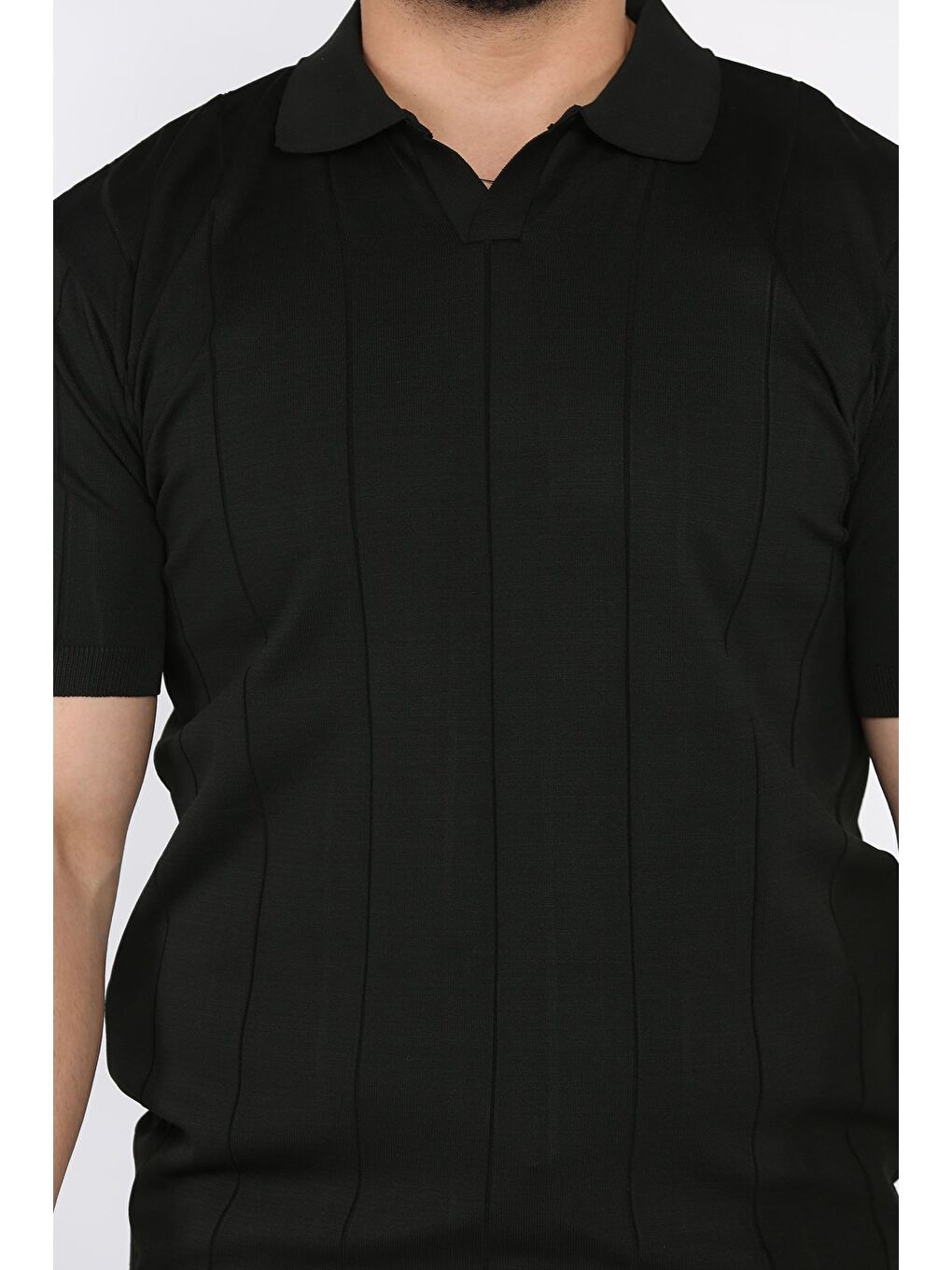 Siyah Erkek Polo Yaka Kendinden Çizgi Desenli Tişört-3