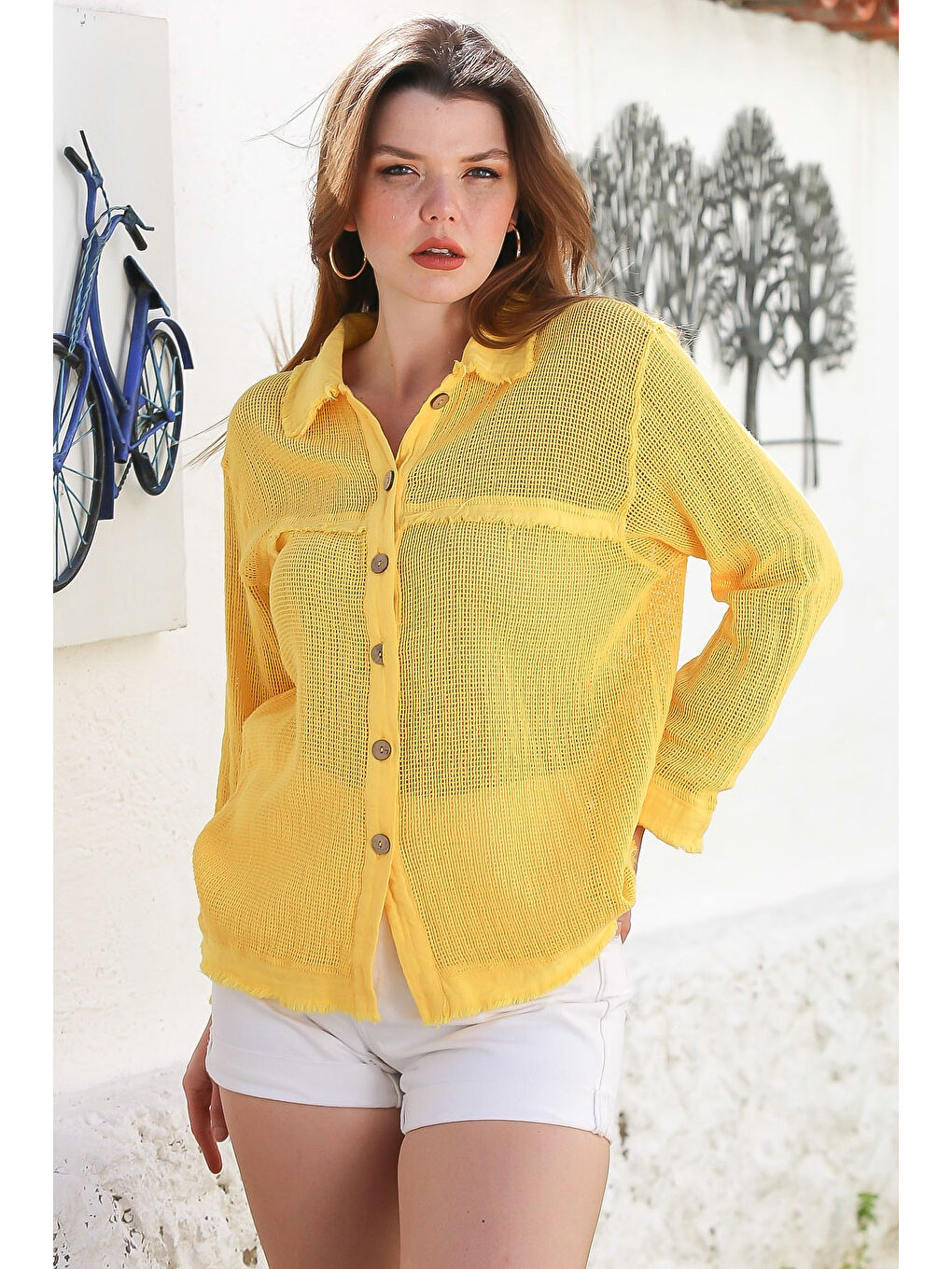 Sarı Gömlek Yaka Uzun Kol Düğmeli Yıkamalı Pis Dikişli Casual Dokuma Gömlek 69 62-5