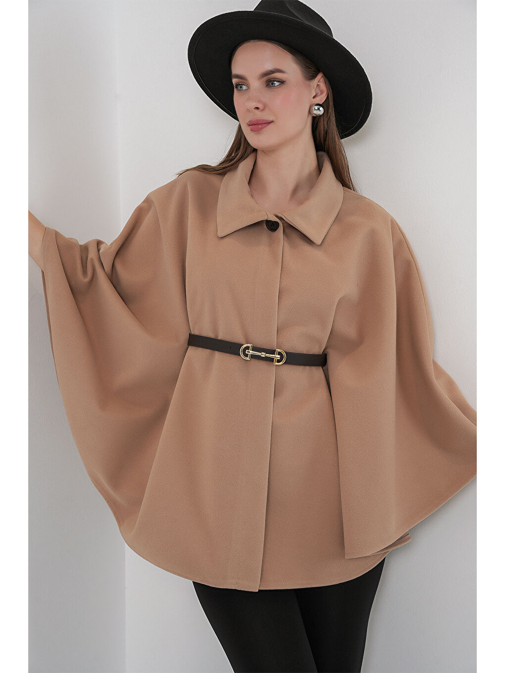 Sarı Kadın Kemerli Kaşe Panço 9170 - Camel-2