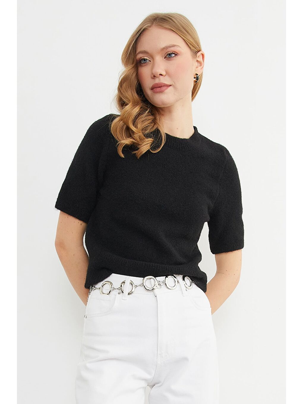 Siyah Basic Bisiklet Yaka Kısa Kol Triko Kazak-1