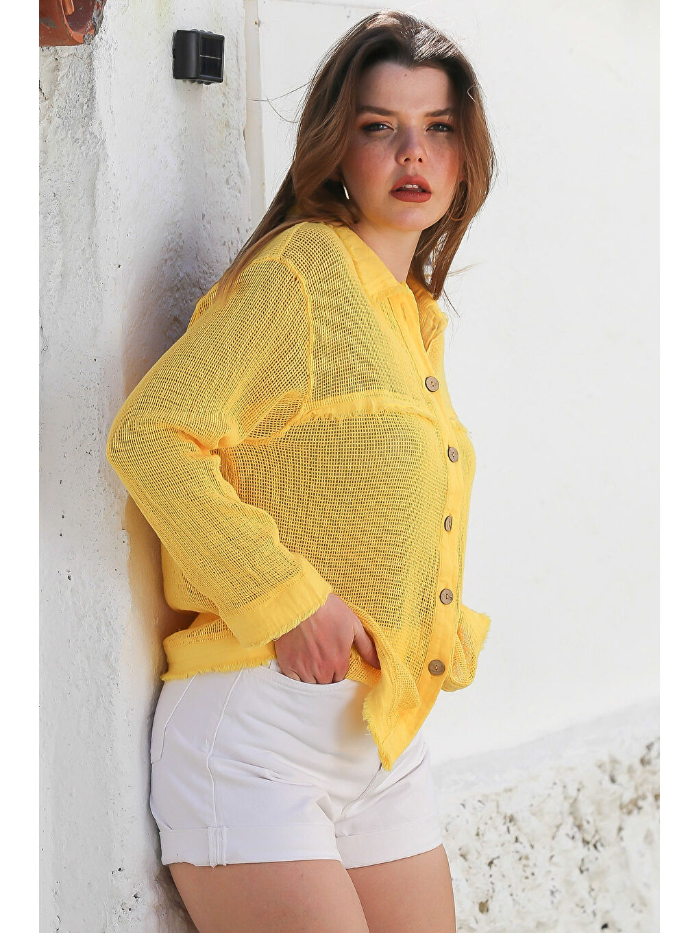 Sarı Gömlek Yaka Uzun Kol Düğmeli Yıkamalı Pis Dikişli Casual Dokuma Gömlek 69 62-6