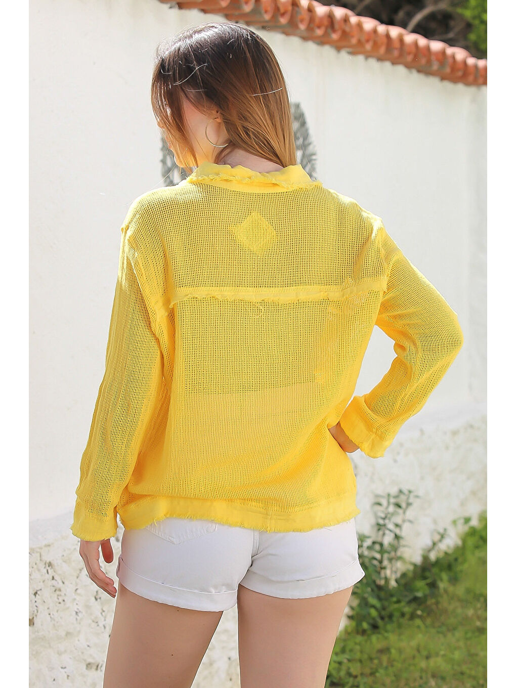 Sarı Gömlek Yaka Uzun Kol Düğmeli Yıkamalı Pis Dikişli Casual Dokuma Gömlek 69 62-7