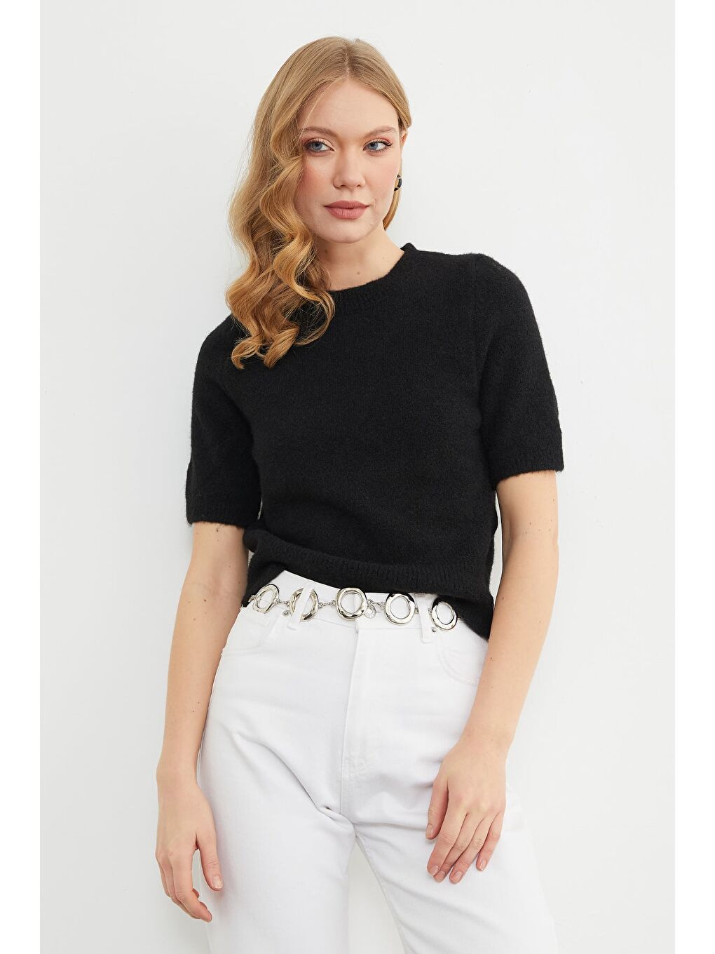 Siyah Basic Bisiklet Yaka Kısa Kol Triko Kazak-2