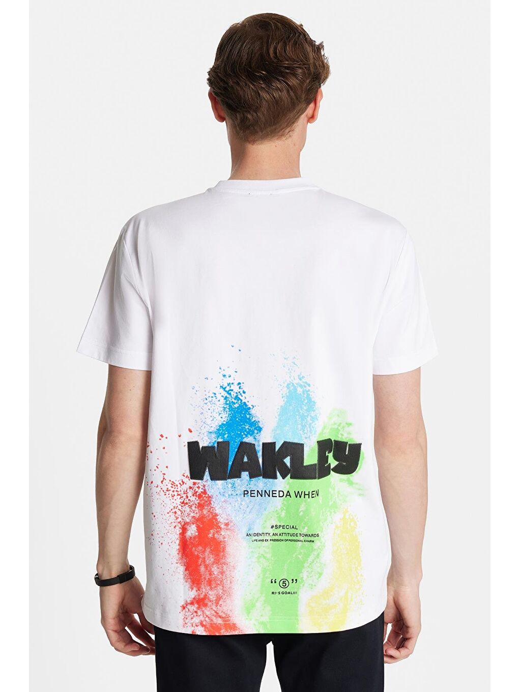 Relax Fit Rahat Kesim Pamuklu Ön Ve Arka Baskı Ve Nakış Detaylı Bisiklet Yaka Beyaz Erkek Tişört-4