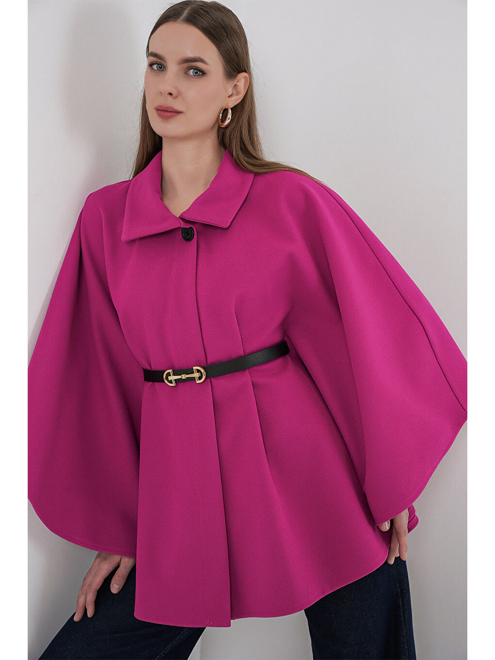 Petrol Kadın Kemerli Kaşe Panço 9170 - Koyu Pembe