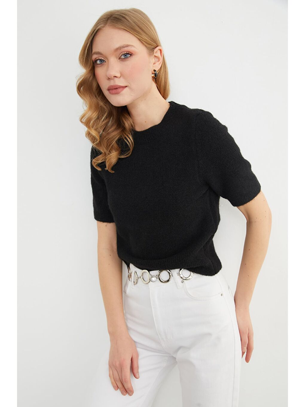 Siyah Basic Bisiklet Yaka Kısa Kol Triko Kazak-4