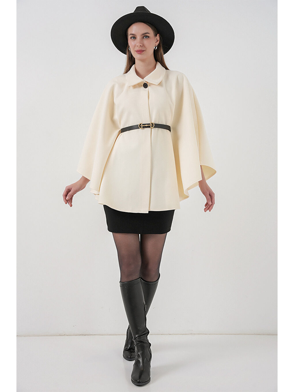 Kadın Kemerli Kaşe Panço 9170 - Ekru-2