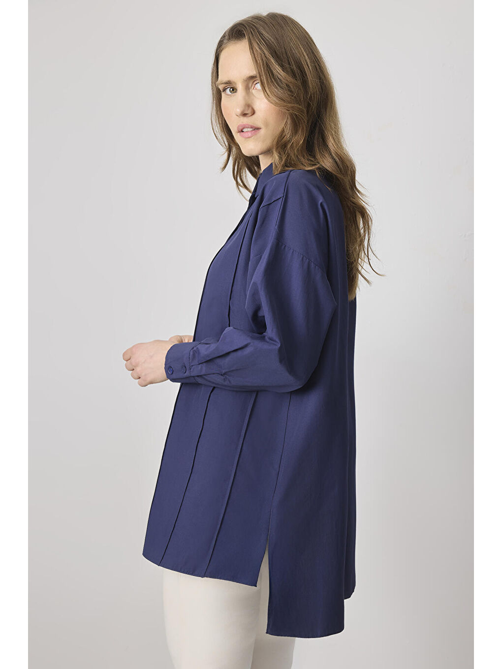 Lacivert Nervürlü Gömlek-1