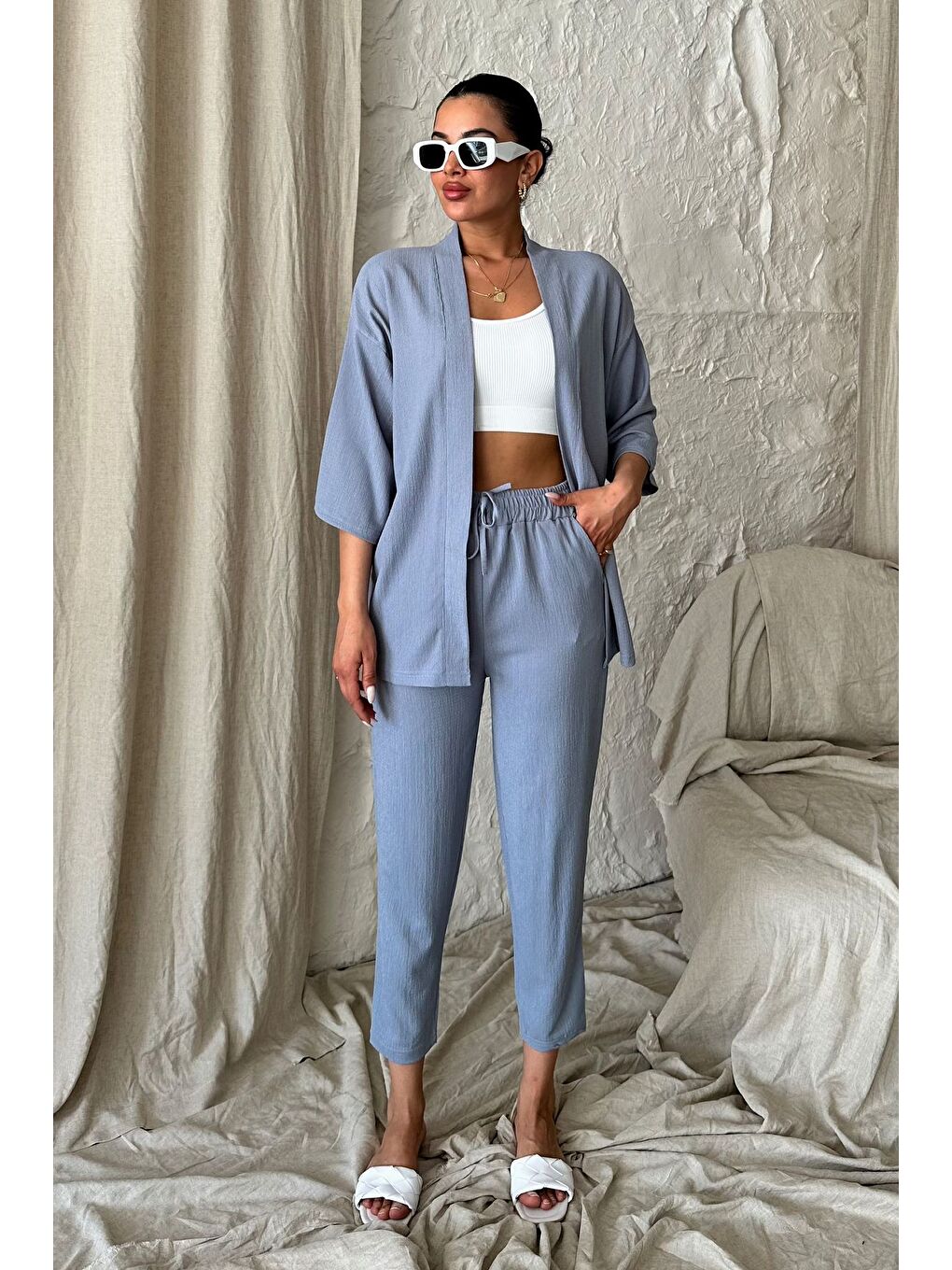 Kadın Gri Kimono Alt Üst Havuç Pantolon Takım-1