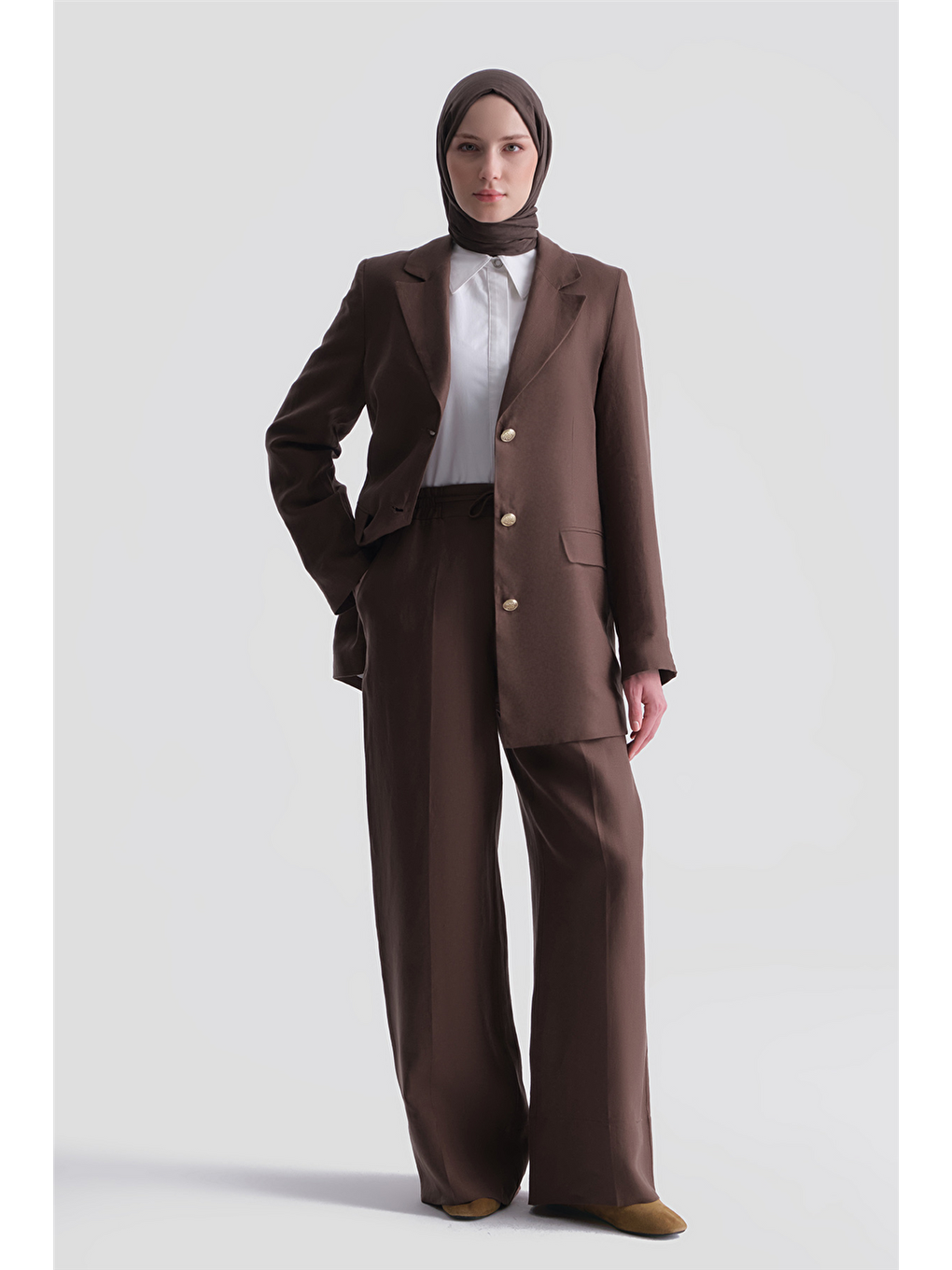 Keten Blazer Ceket Takım Kahverengi-2