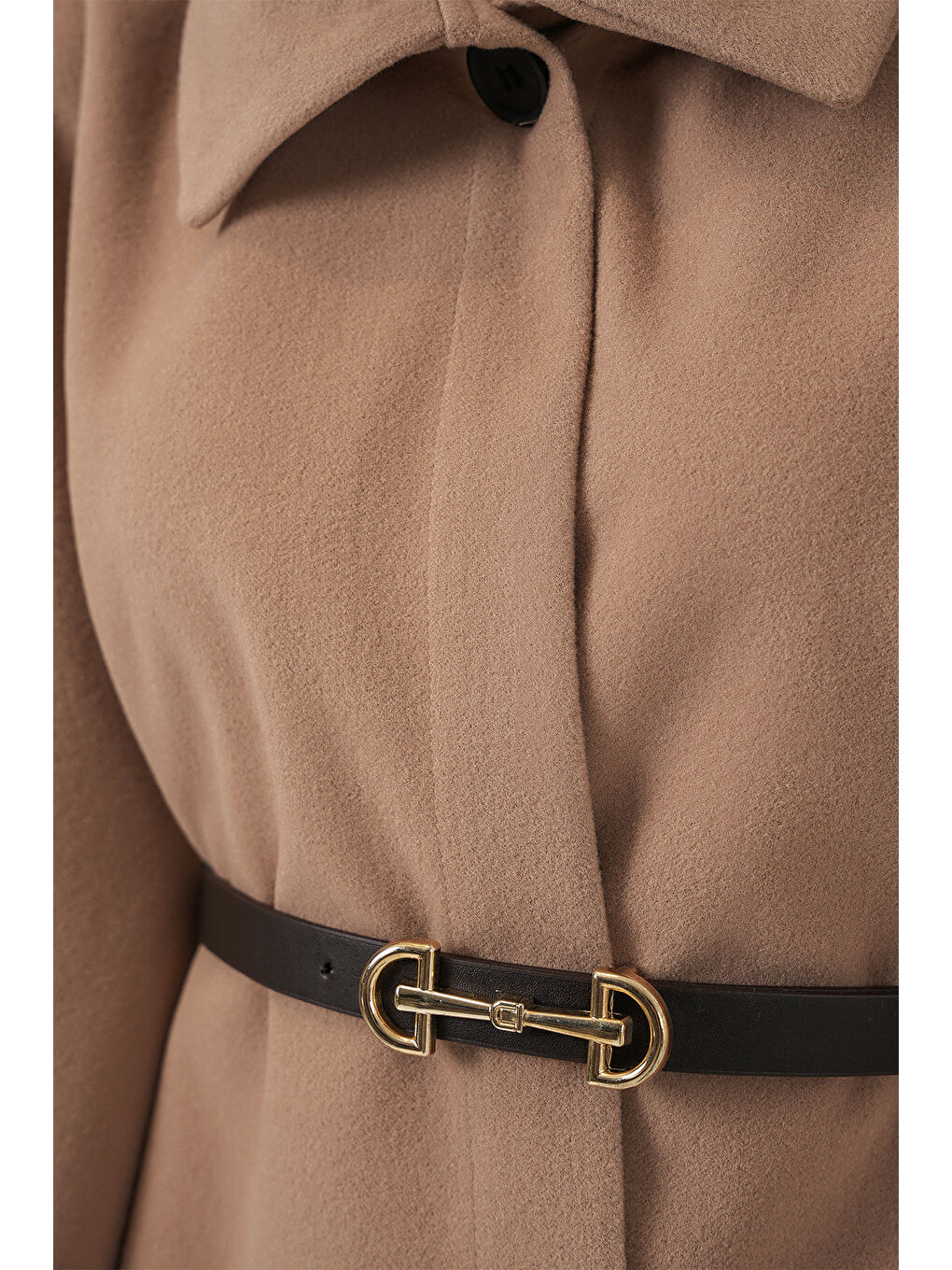 Sarı Kadın Kemerli Kaşe Panço 9170 - Camel-3