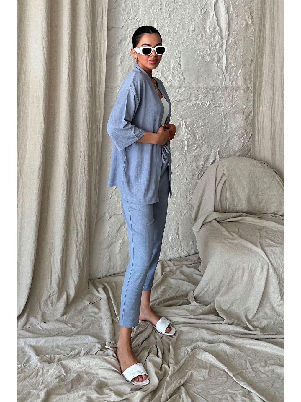 Kadın Gri Kimono Alt Üst Havuç Pantolon Takım-2