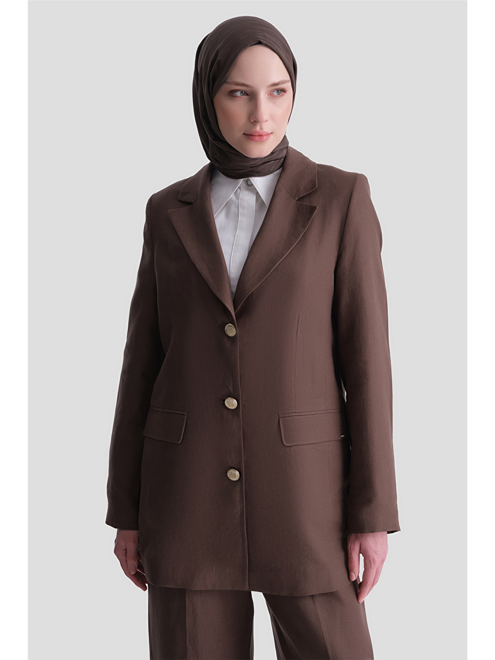 Keten Blazer Ceket Takım Kahverengi-3