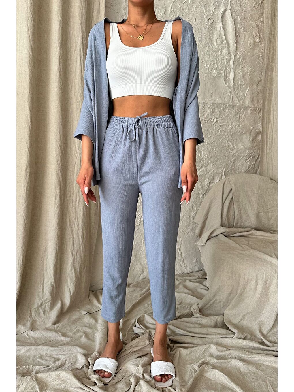 Kadın Gri Kimono Alt Üst Havuç Pantolon Takım-3