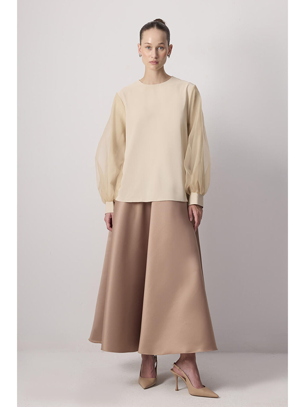 Bej Organze Garnili Balon Kol Bluz-1