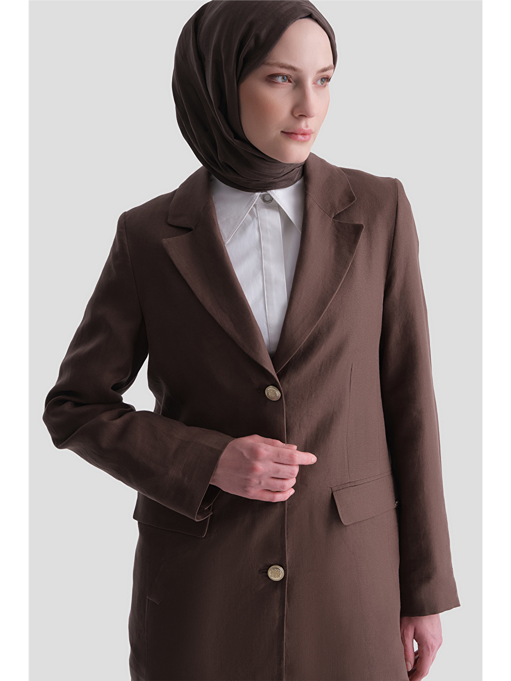 Keten Blazer Ceket Takım Kahverengi-4